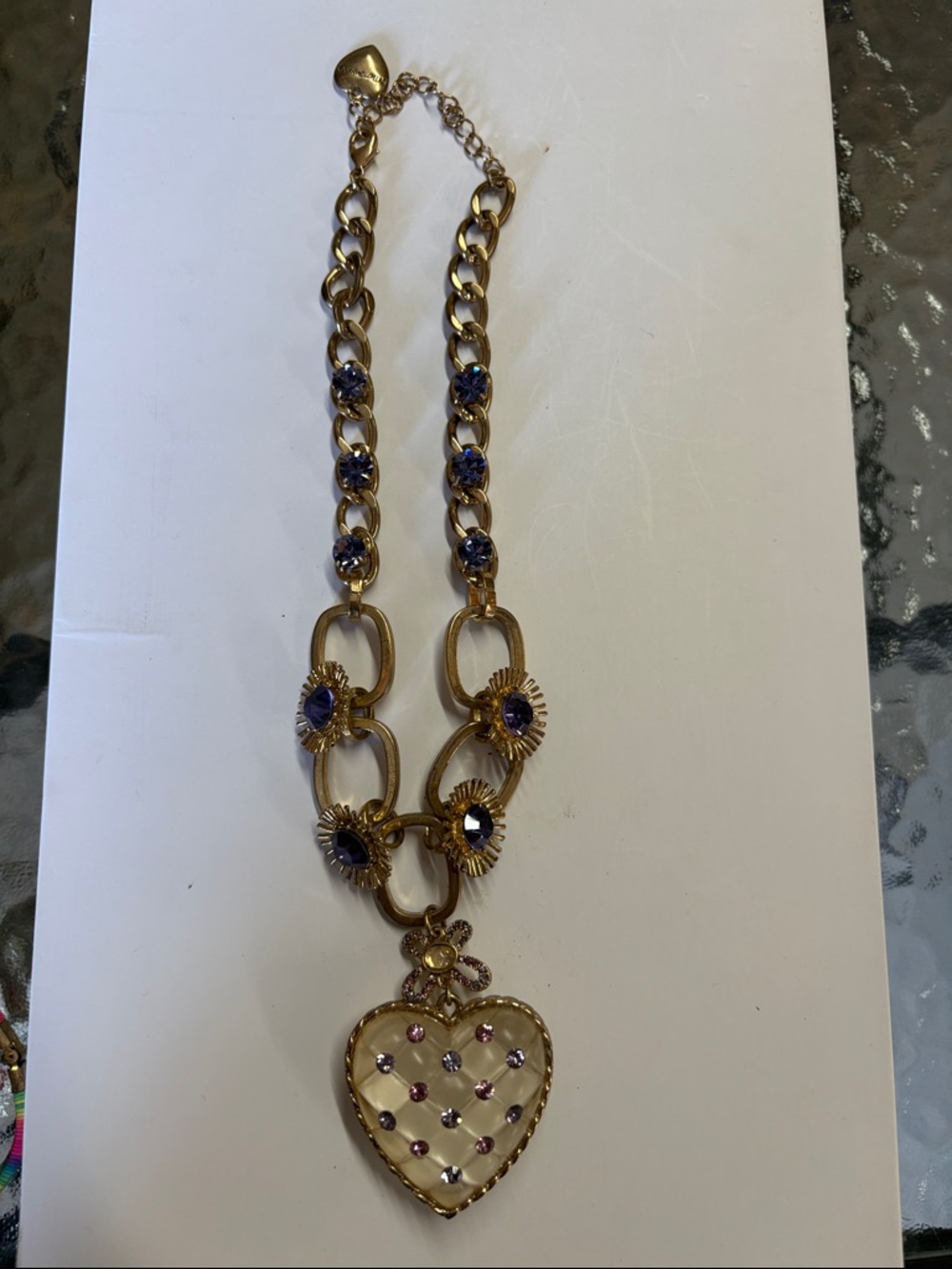 Betsey Johnson Gold-Tone Heart Pendant Necklace with Purple and Pink Stones